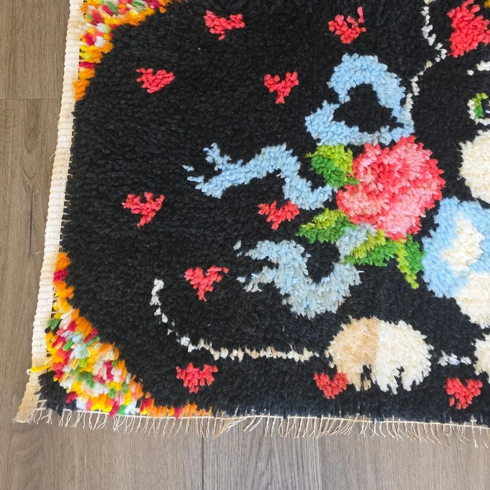 Vintage Latch Hook Rug Black Tuxedo Cat with Rose and Blue Bow & Hearts Raw Edge